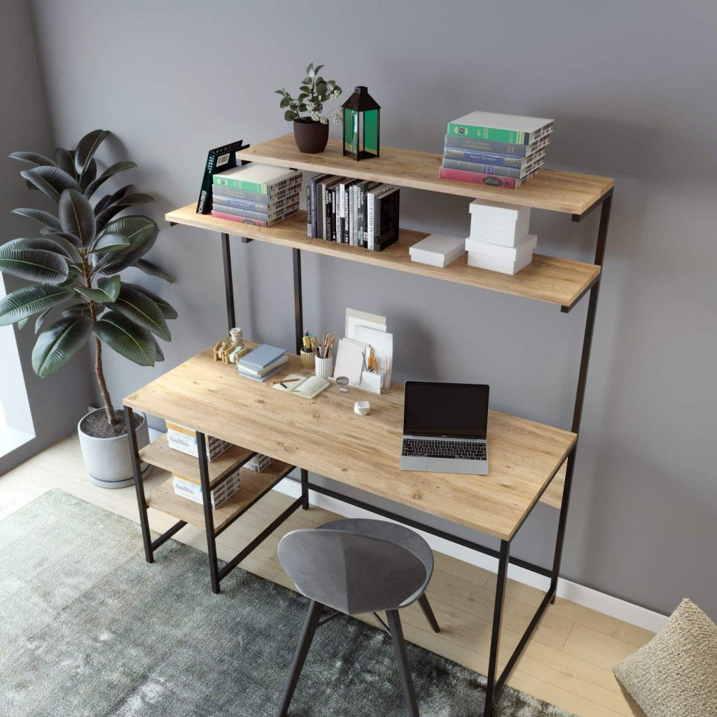 Bureau avec étagère style industriel Giday L140cm Métal Noir et Bois Chêne clair