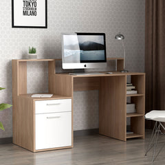 Bureau avec étagères, porte et tiroir L138,5cm Pacolo Bois clair et Blanc