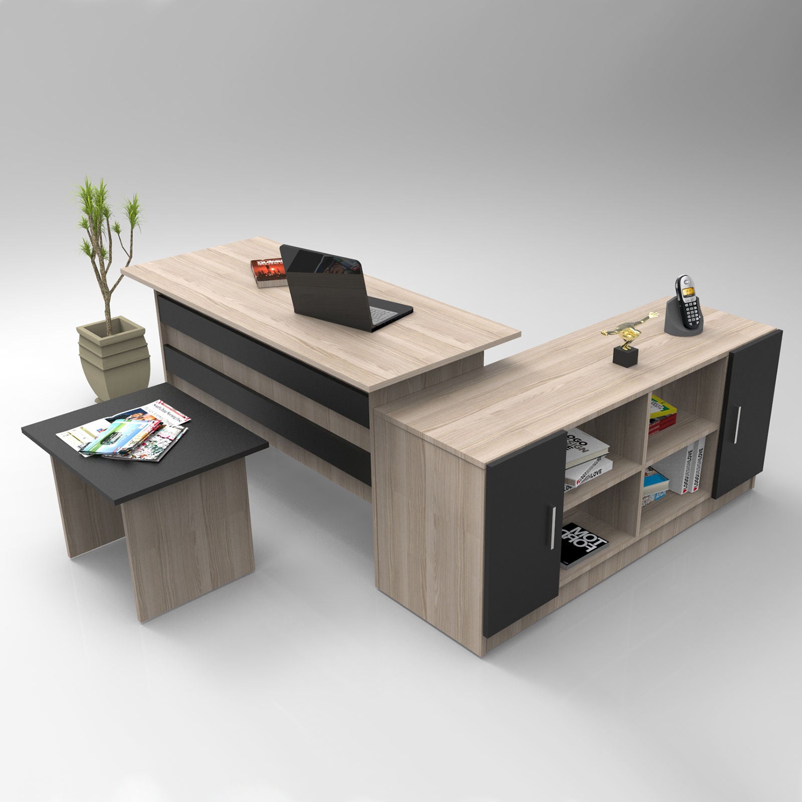 Bureau contemporain avec buffet et table basse Busymo Chêne clair et Noir