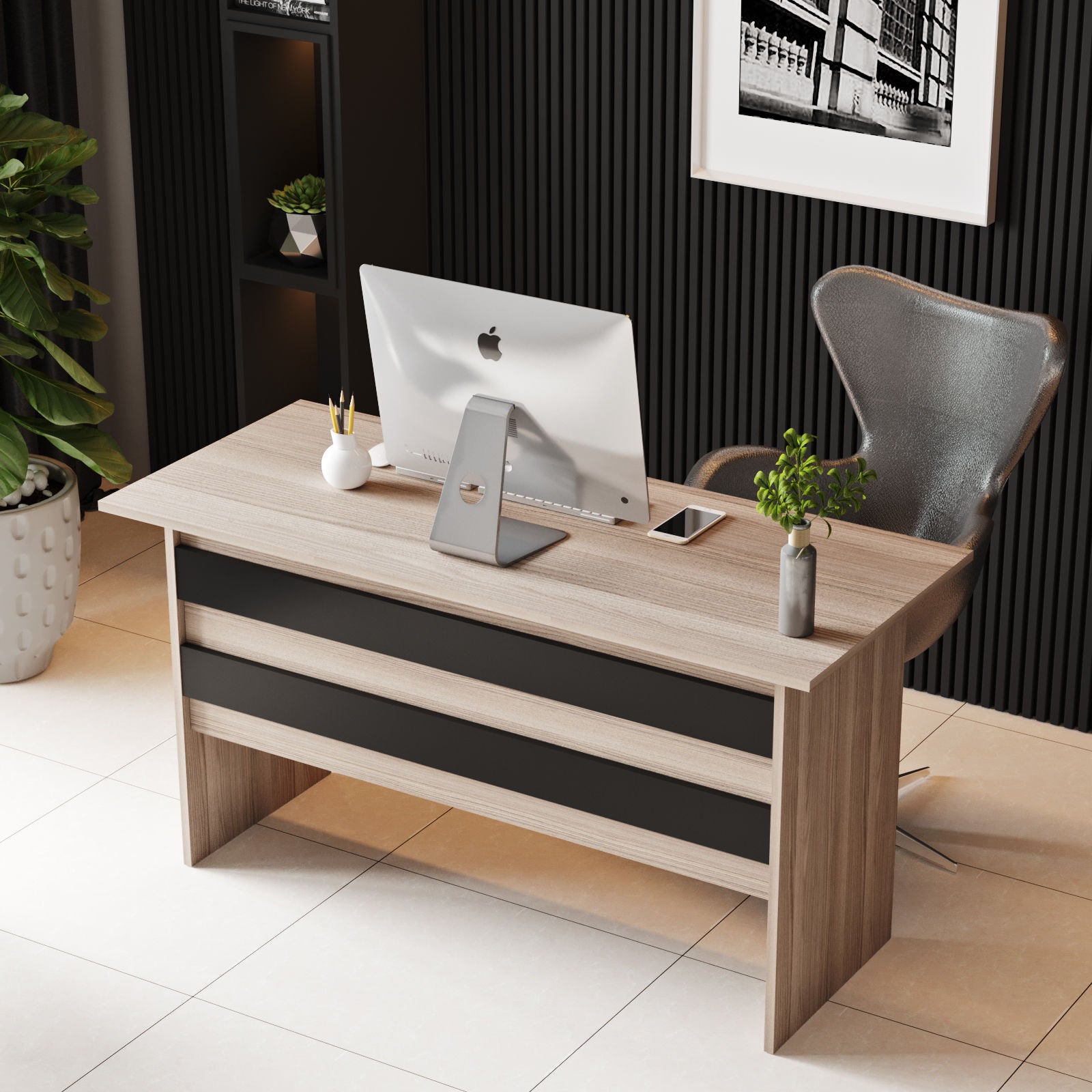 Bureau contemporain avec table basse Busymo Chêne clair et Noir