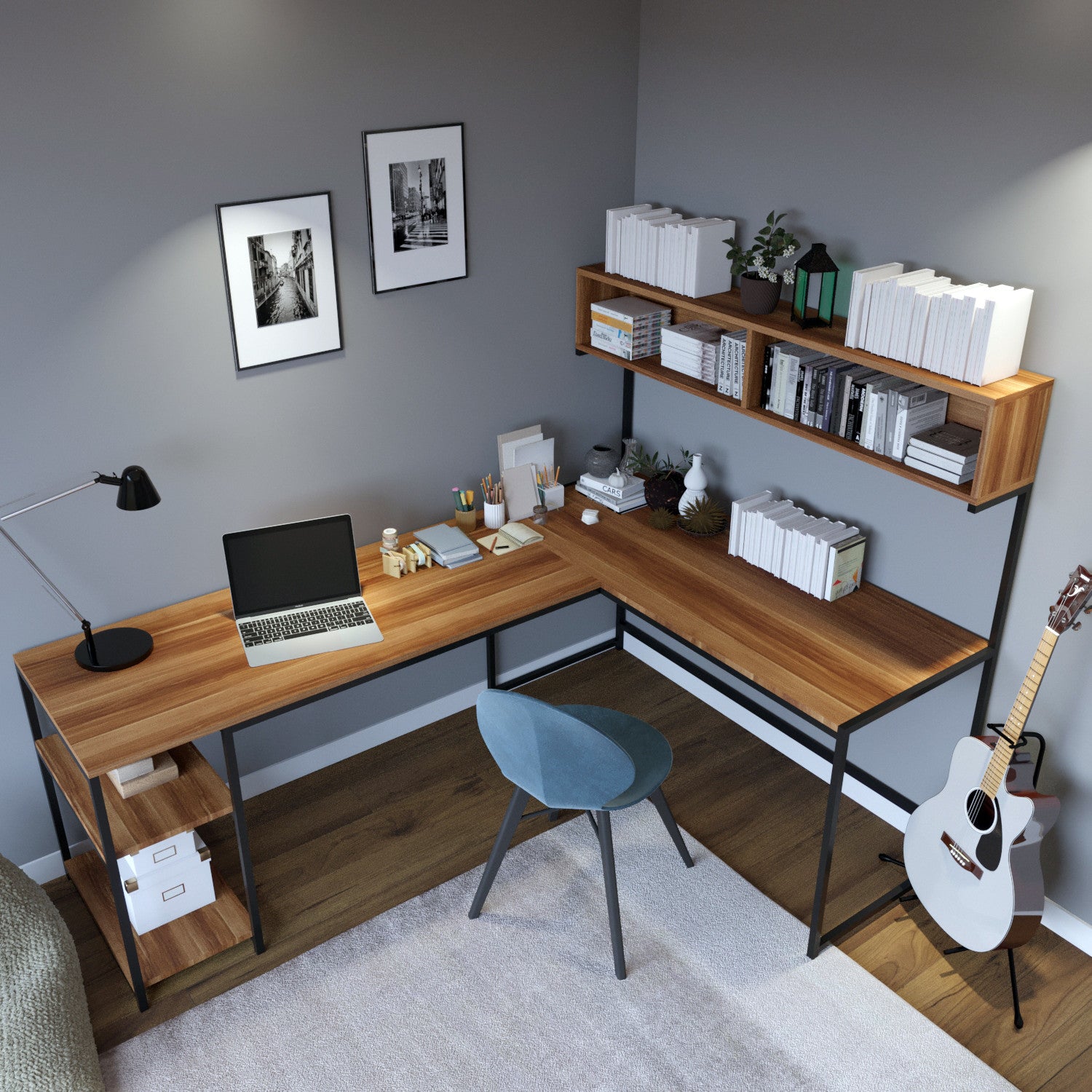 Bureau d'angle style industriel avec étagères Mickinaw Bois foncé et Métal Noir