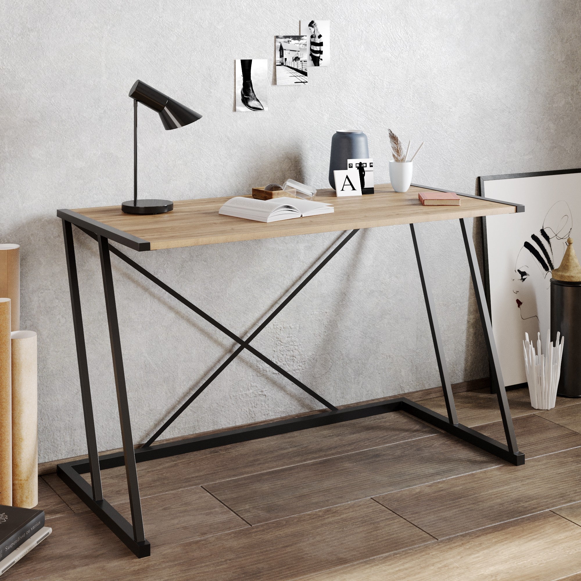 Bureau simple Chiaki 120x75cm Bois Naturel et Métal Noir