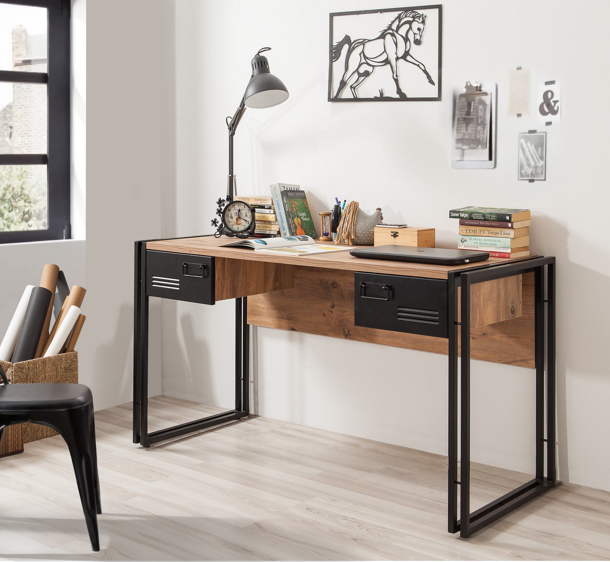 Bureau style industriel 2 tiroirs Officimat 139x75cm Bois clair