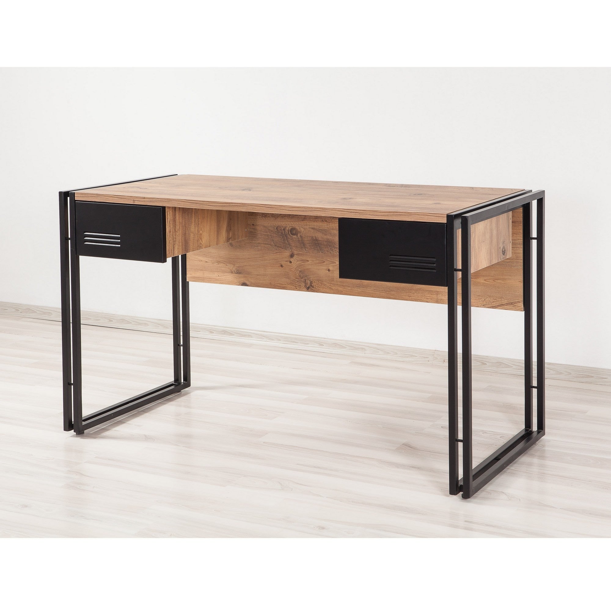 Bureau style industriel 2 tiroirs Officimat 139x75cm Bois clair