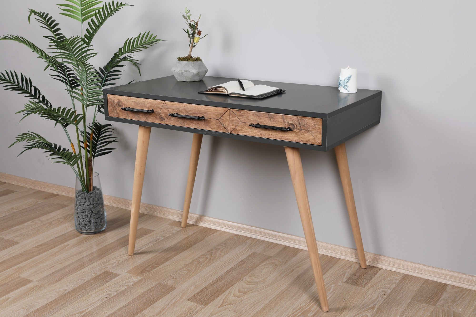 Bureau vintage style scandinave Bazin 2 tiroirs Gris et Chêne clair