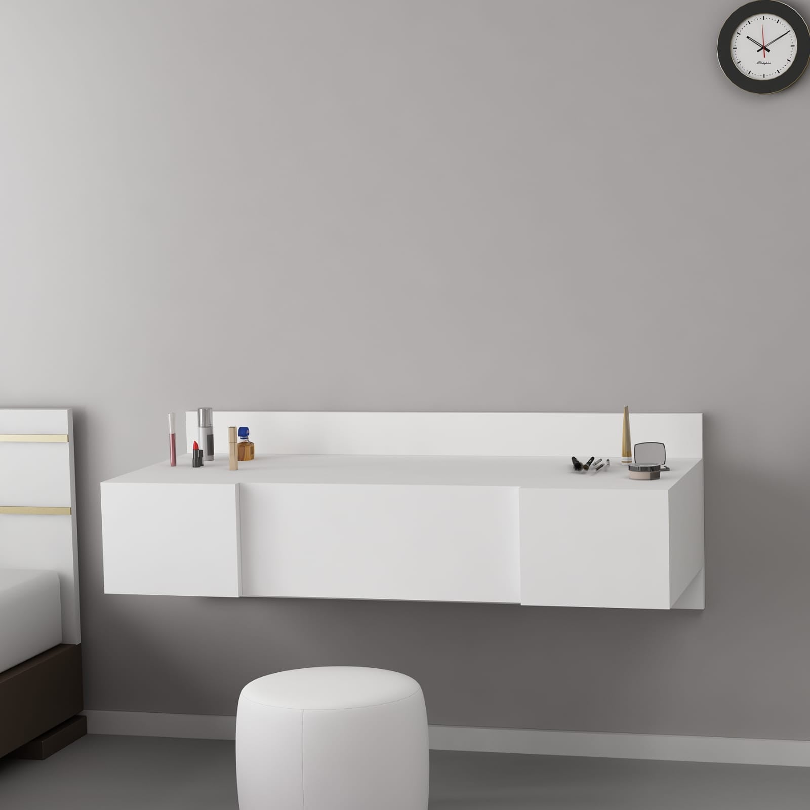 Coiffeuse murale Nelfa avec miroir en bois Blanc