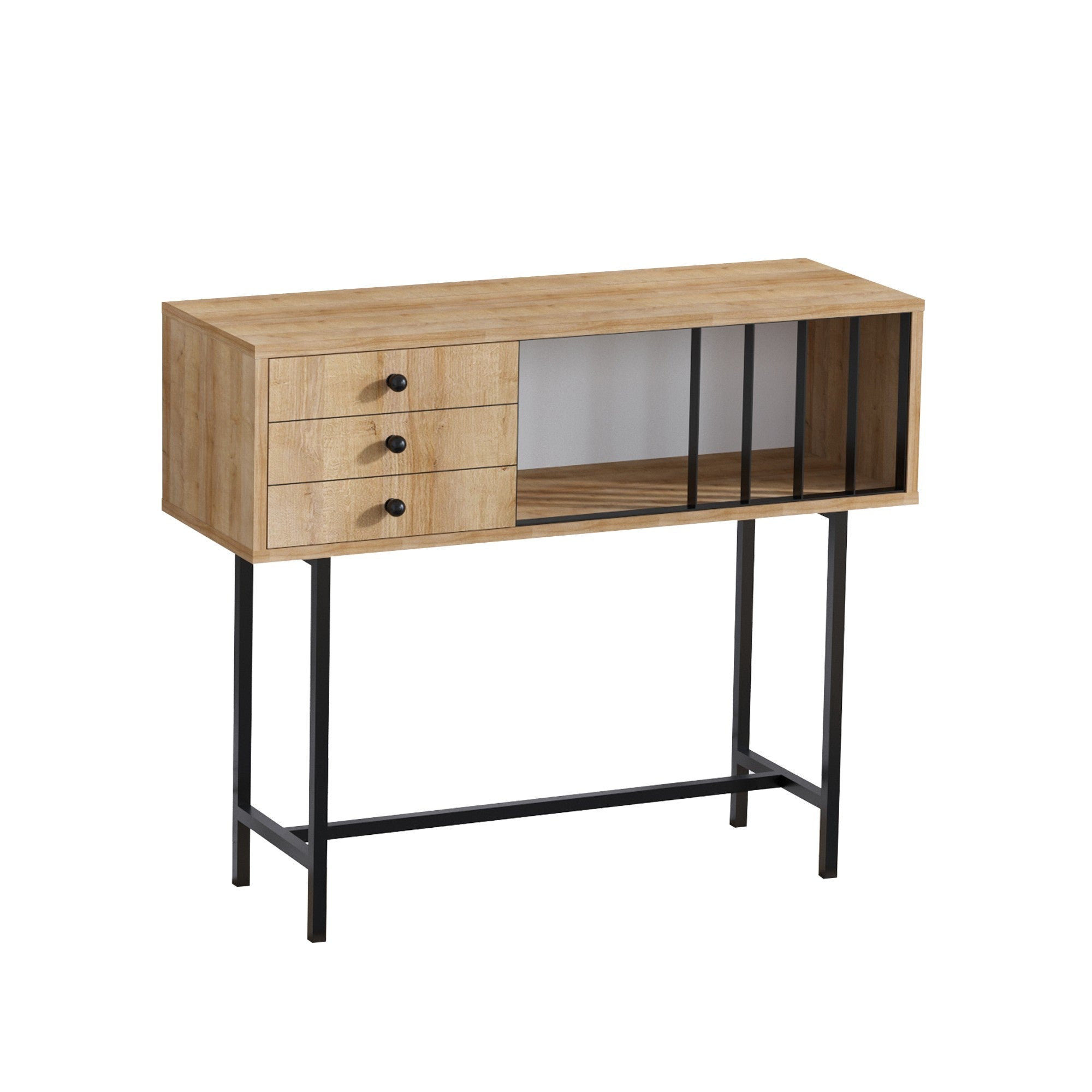 Console 3 tiroirs Lasne Métal Noir et Bois Chêne clair