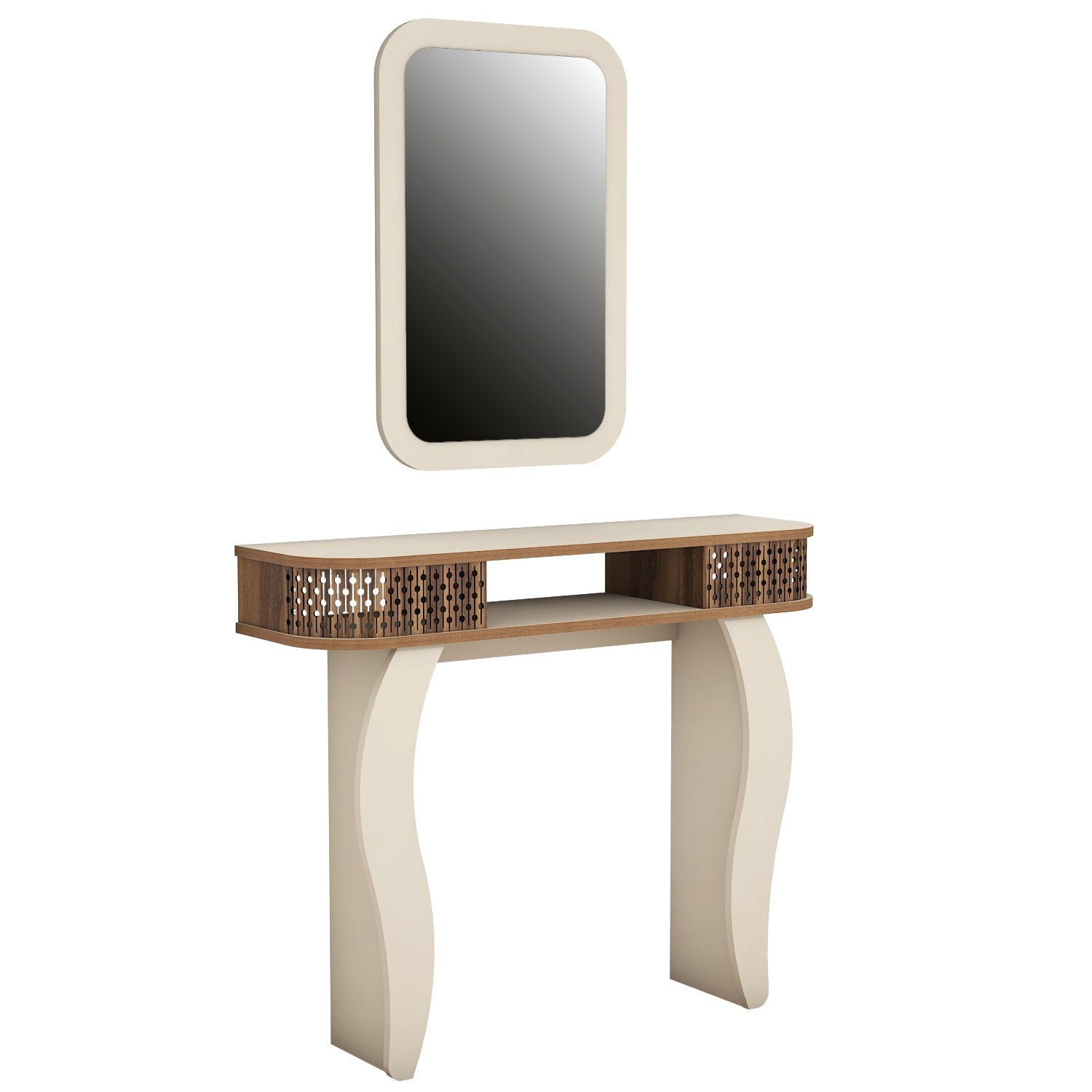 Console L105cm avec miroir mural 51x76cm Basalt Blanc crème et bois