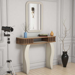 Console L105cm avec miroir mural 51x76cm Basalt Blanc crème et bois