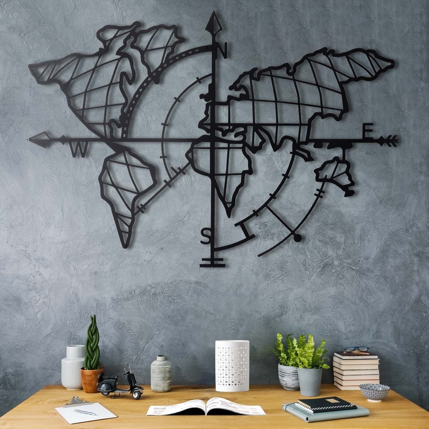 Décoration murale Filum mappemonde points cardinaux L95xH65cm Métal Noir