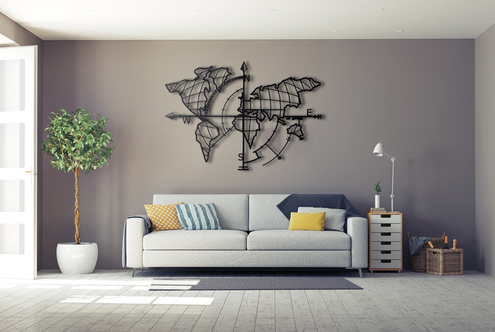 Décoration murale Filum mappemonde points cardinaux L95xH65cm Métal Noir