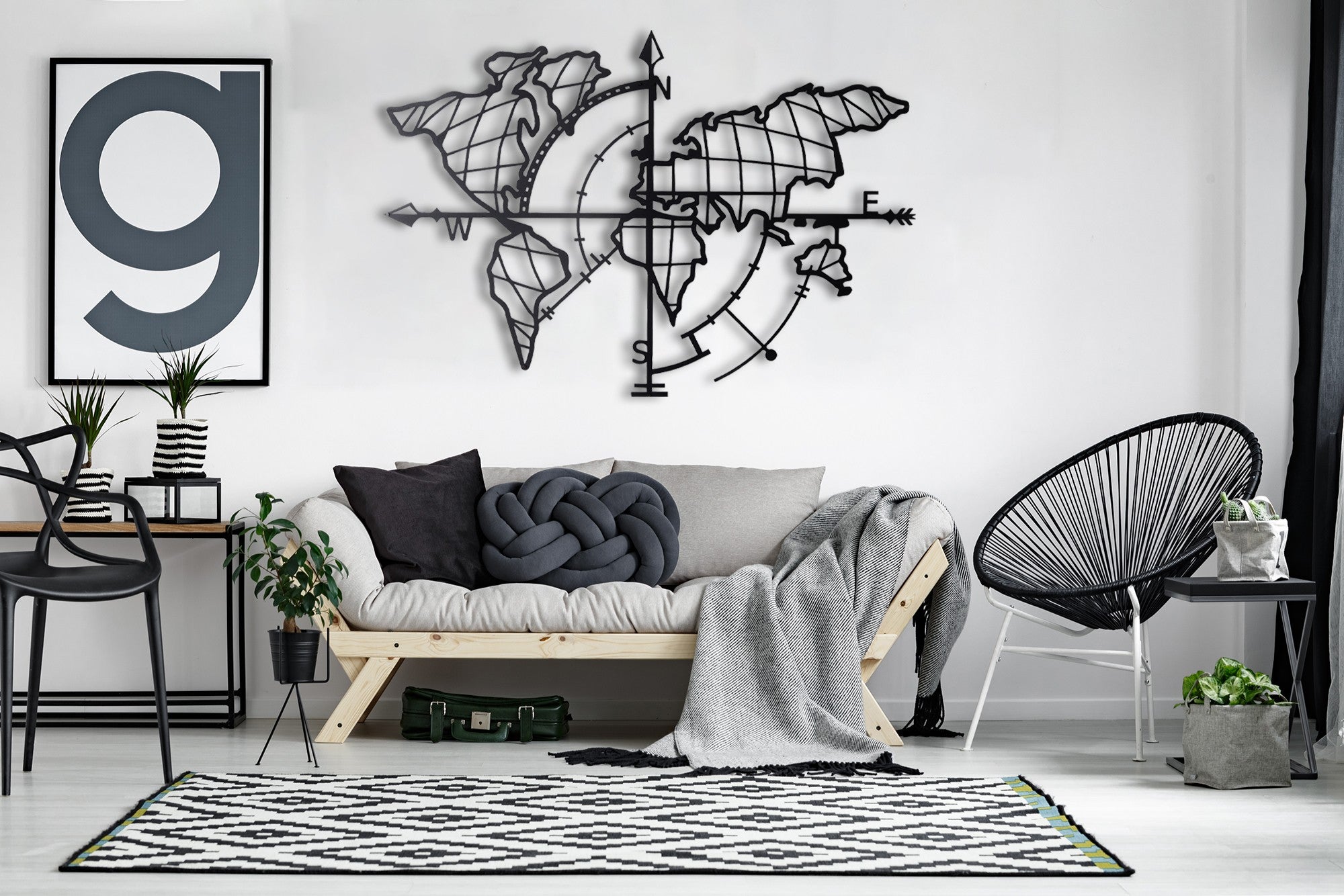 Décoration murale Filum mappemonde points cardinaux L95xH65cm Métal Noir