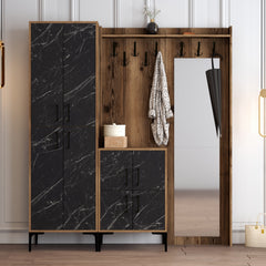 Ensemble armoire de rangement avec miroir et porte manteau Shera en bois Chêne foncé et Effet marbre Noir