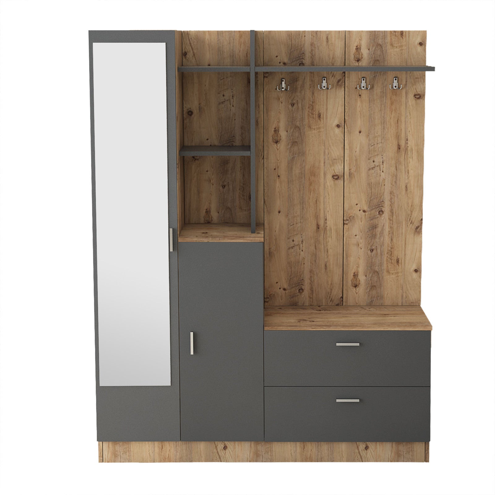 Ensemble armoire de rangement et porte manteau Laska style scandinave en bois Chêne clair et Gris