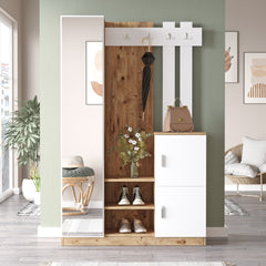 Ensemble armoire de rangement et porte manteau Laskay style scandinave en bois Chêne clair et Blanc