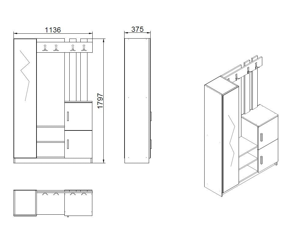 Ensemble armoire de rangement et porte manteau Laskay style scandinave en bois Chêne clair et Blanc