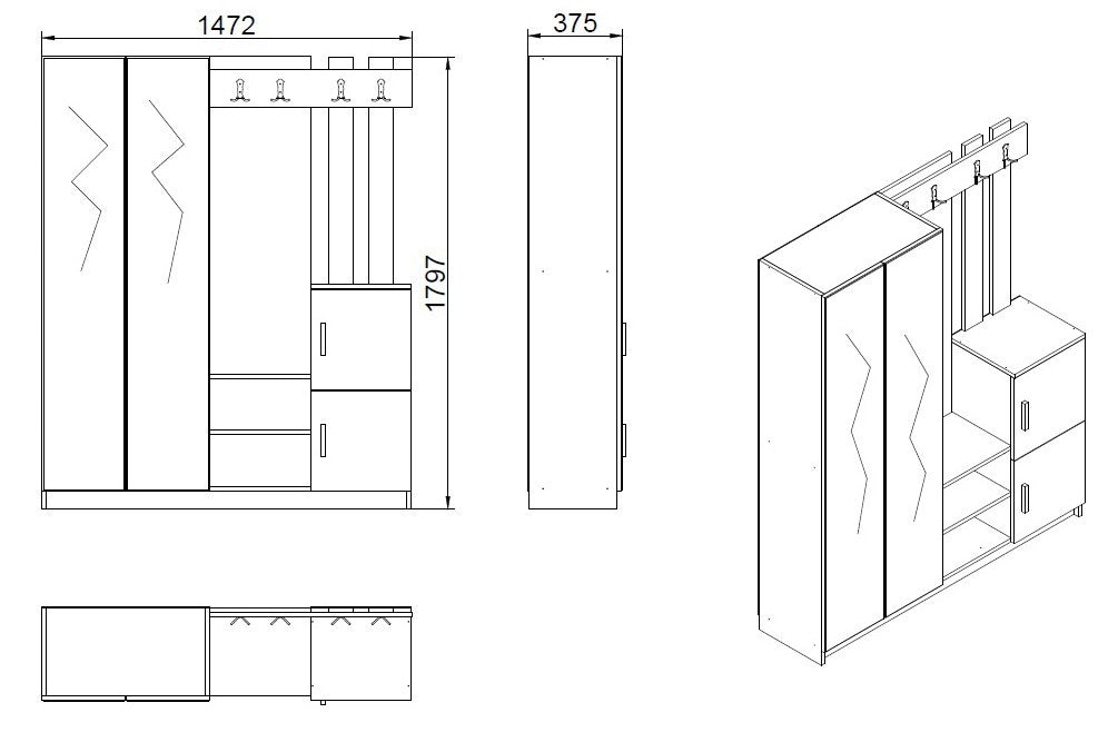 Ensemble armoire de rangement et porte manteau Laskay style scandinave en bois Chêne clair et Blanc