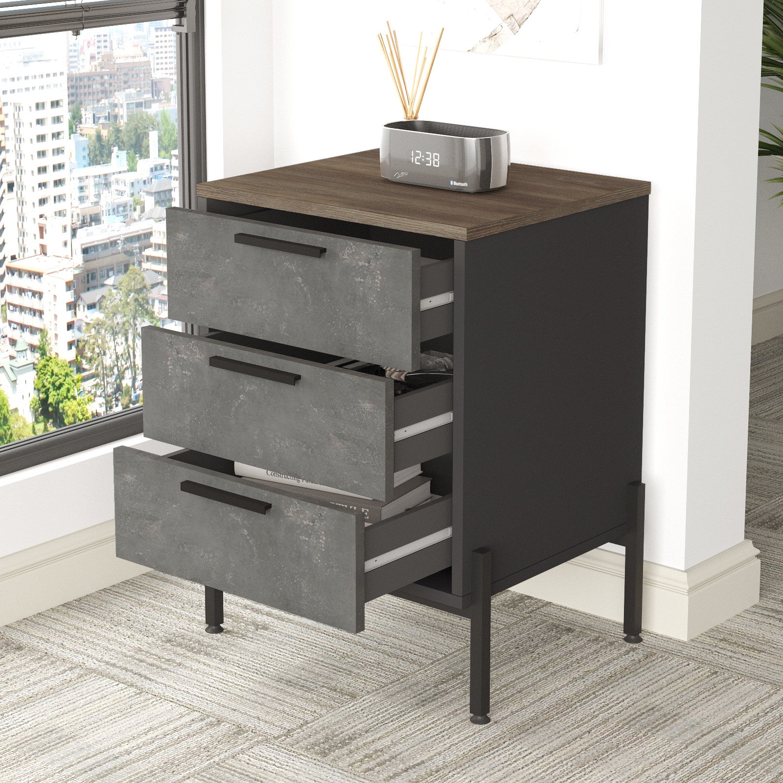 Ensemble bureau, table basse et Commode Busymo Bois Nature et Gris