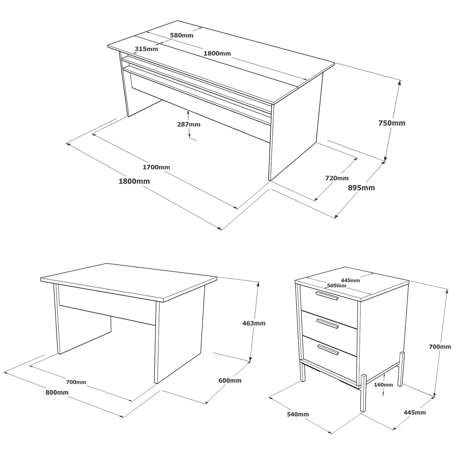 Ensemble bureau, table basse et Commode Busymo Bois Nature et Gris