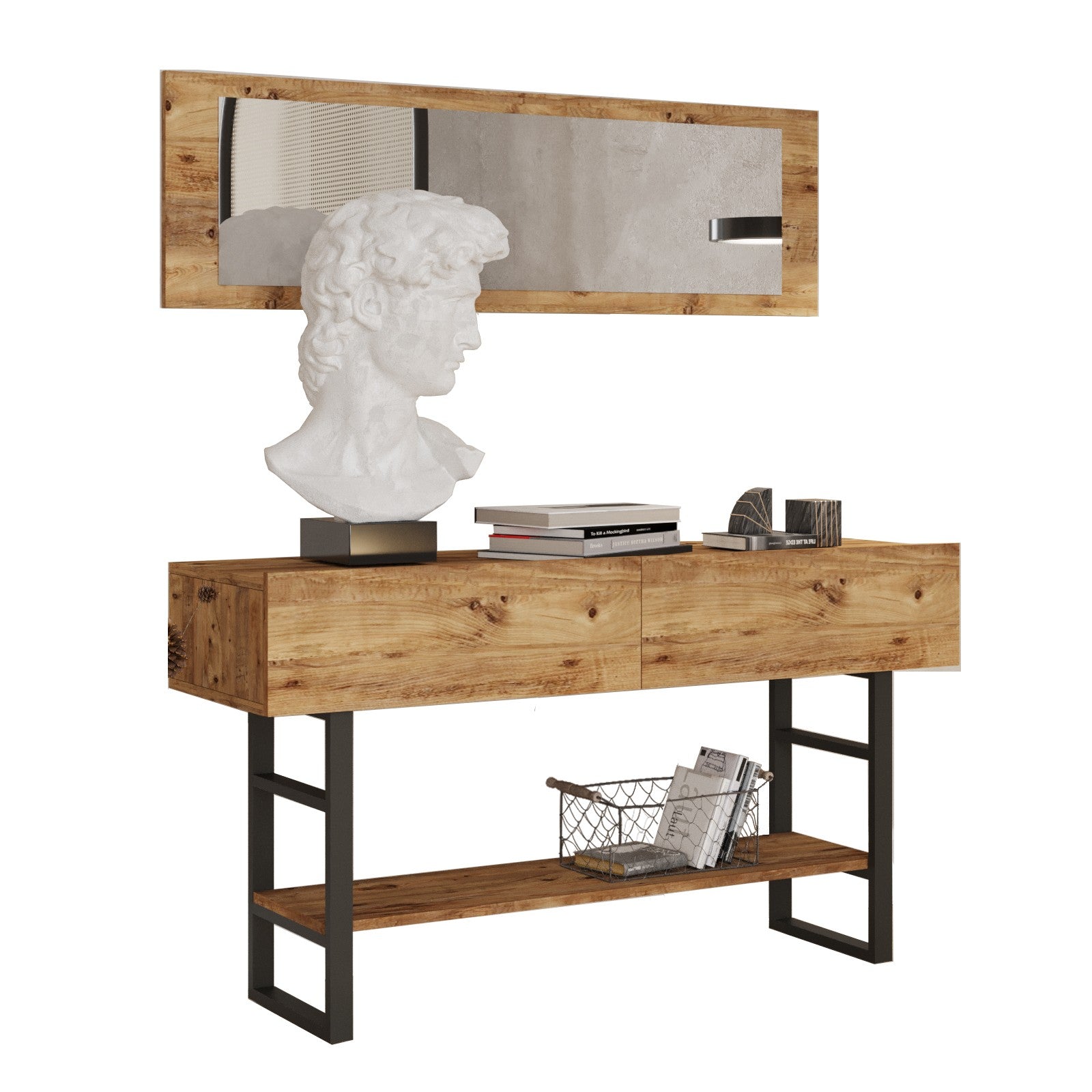 Ensemble console 2 portes et miroir Elirise Métal Noir et Bois clair