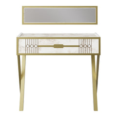 Ensemble console et miroir Wilma Métal Or et Bois Blanc effet marbre et Motif Géométrique Or