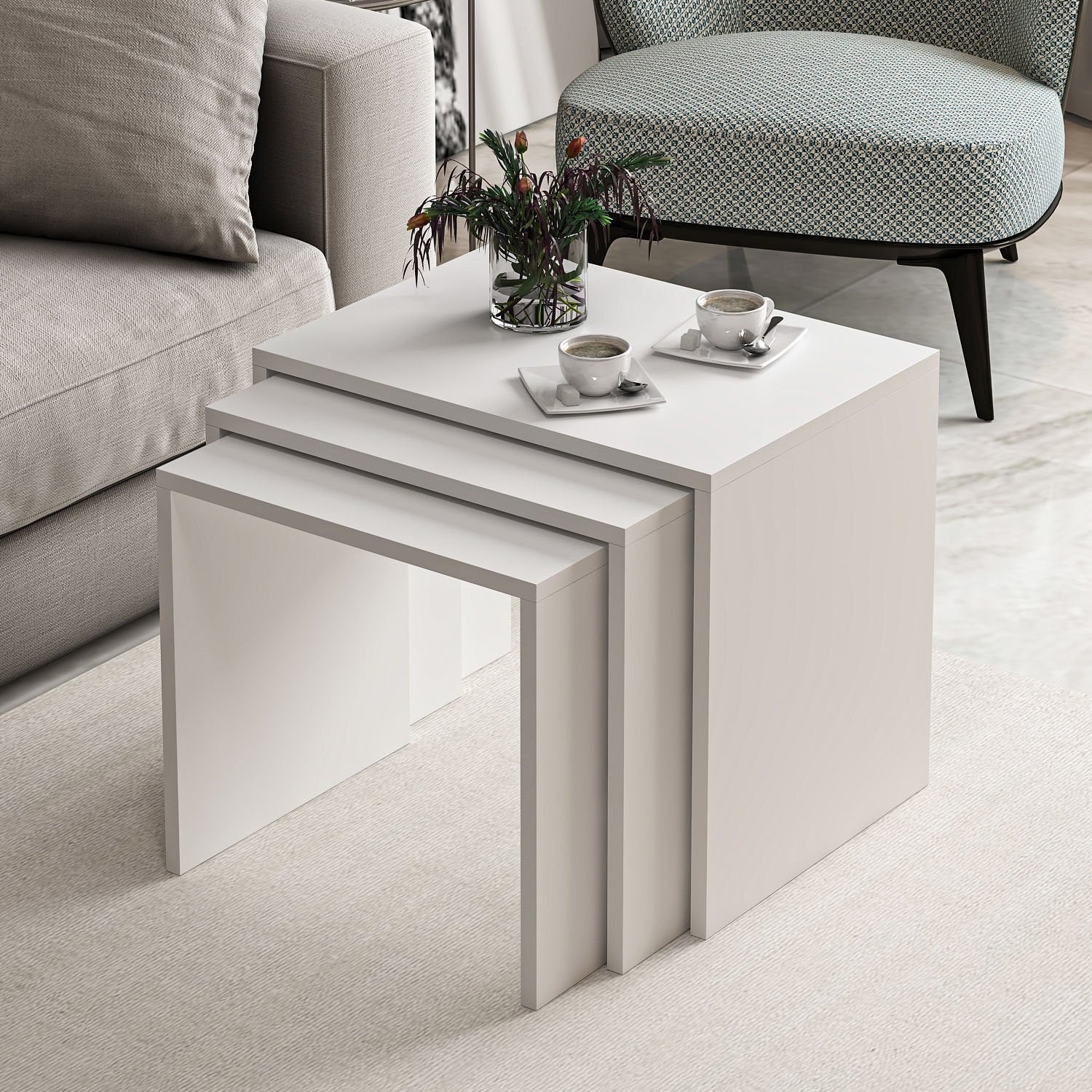 Ensemble de 3 tables basses gigognes Holbox Blanc