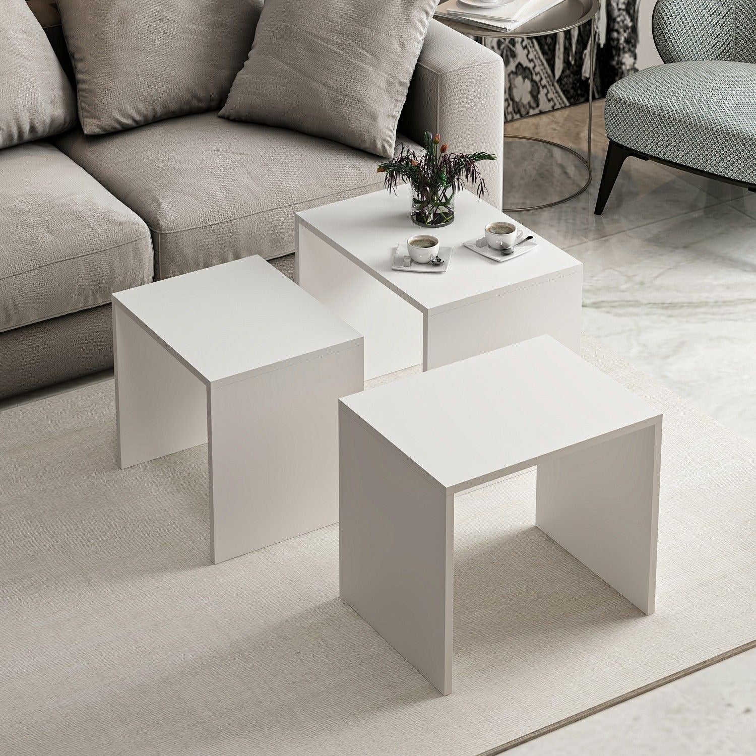 Ensemble de 3 tables basses gigognes Holbox Blanc