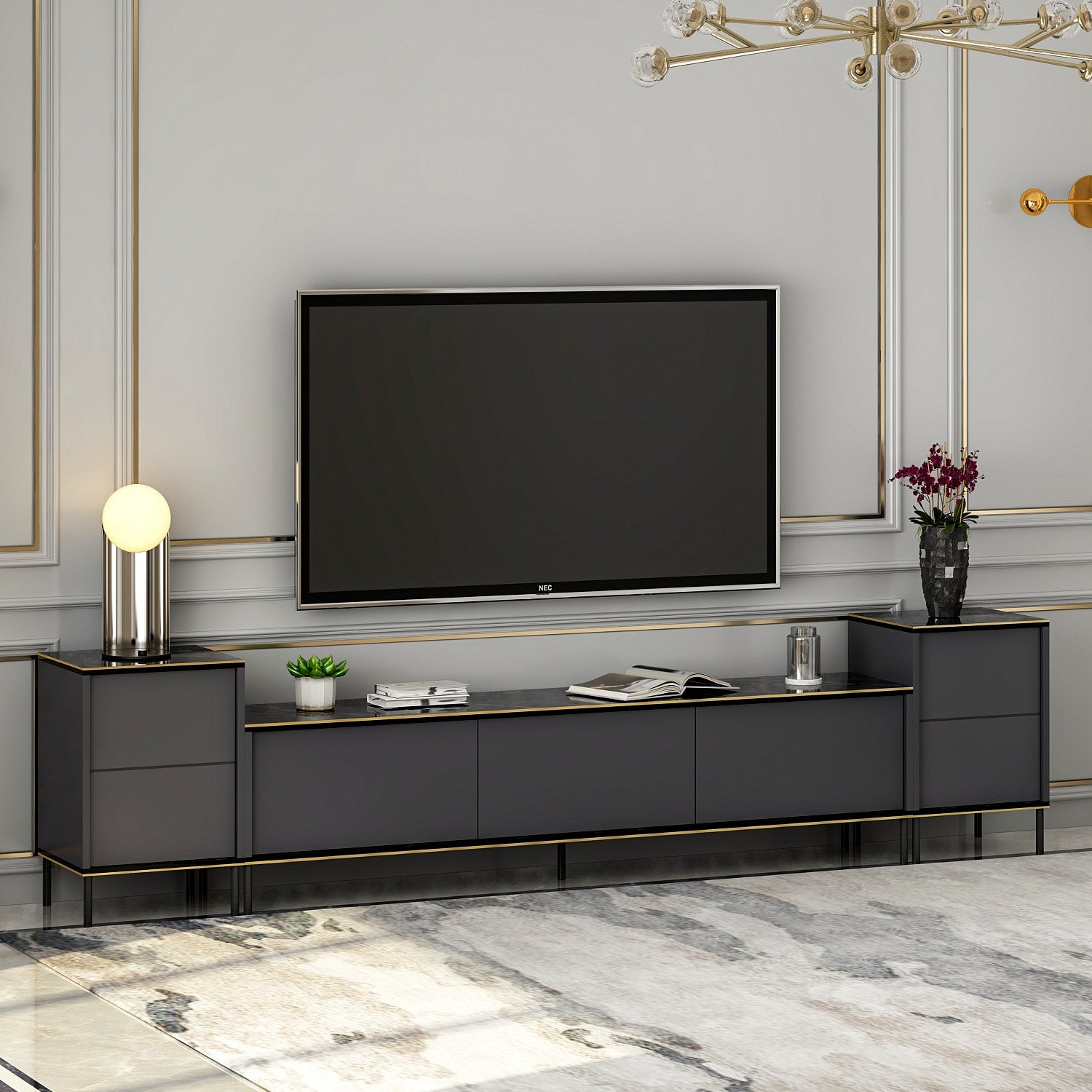 Ensemble meuble TV et 2 tables d'appoints Shonna Anthracite et Effet marbre Noir avec finition Or