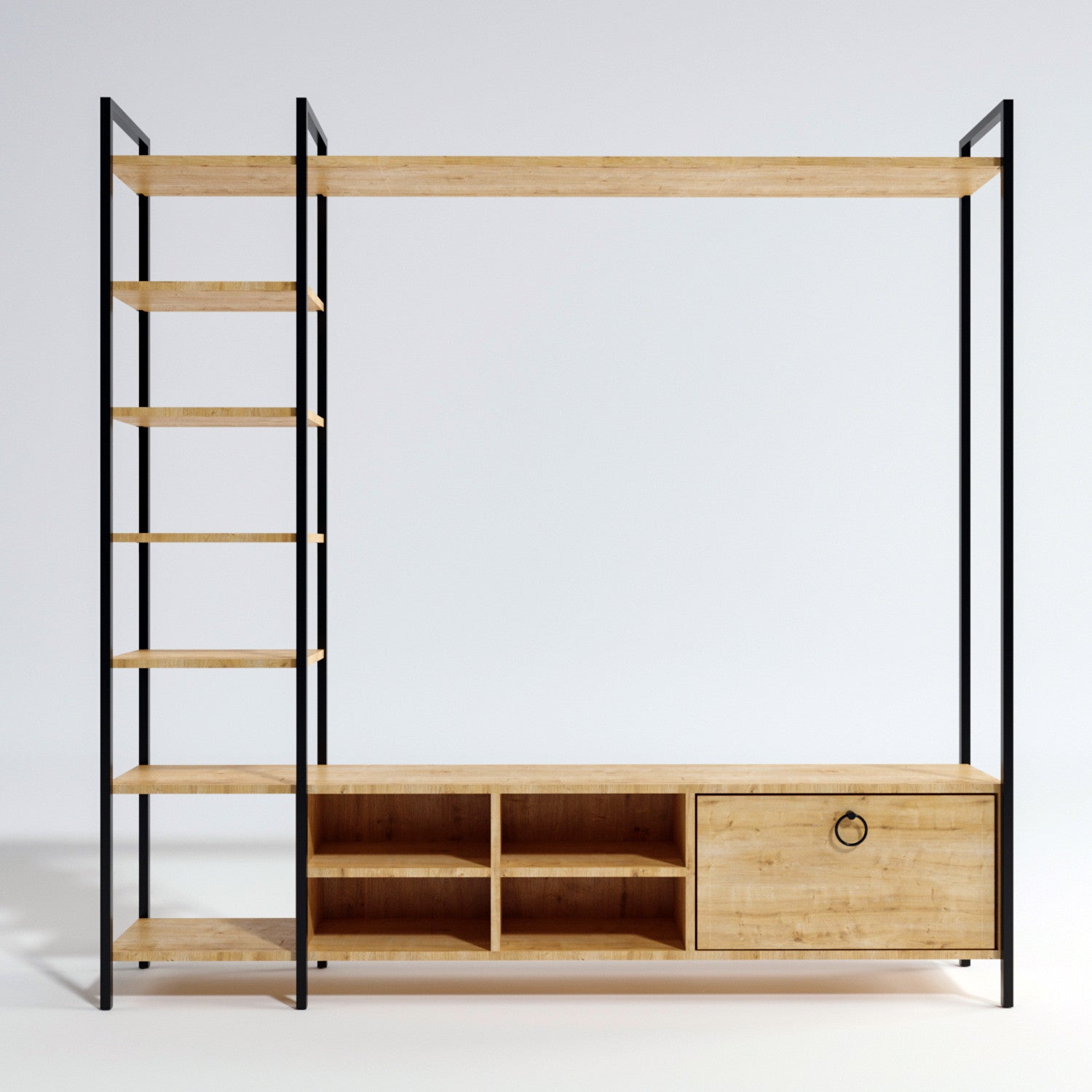 Ensemble meuble TV et bibliothèque style industriel Aaron L180cm Bois chêne et Métal Noir