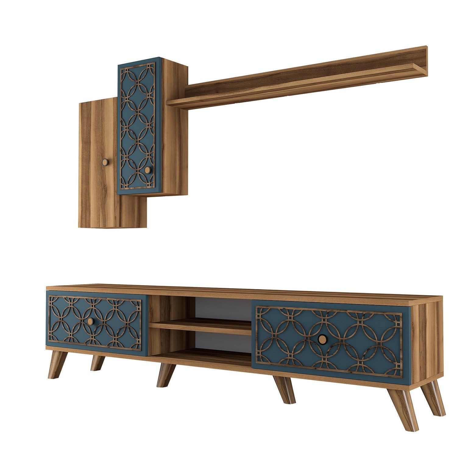 Ensemble meuble TV et étagère murale Varize Motif Arabesque Bleu et Bois