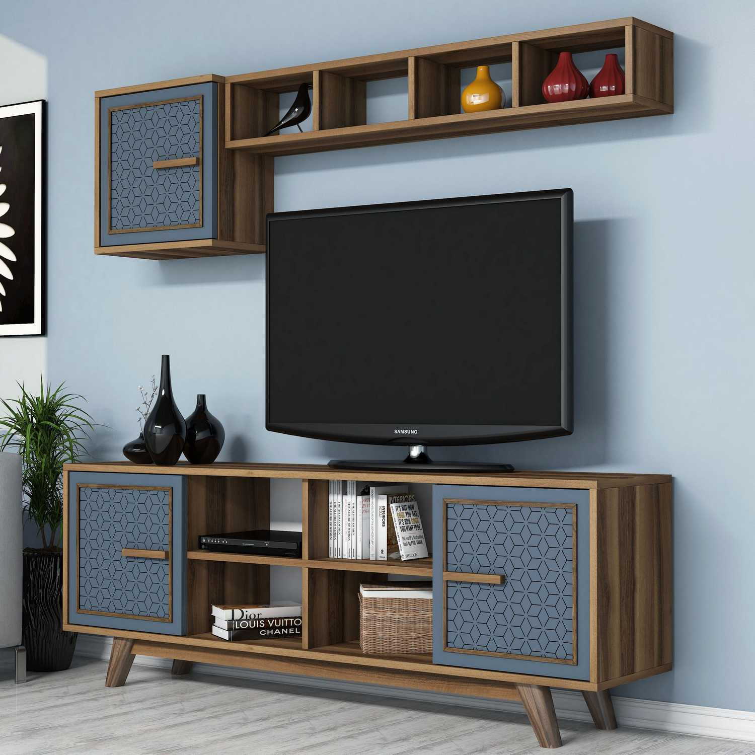 Ensemble meuble Tv et étagère murale Wavo Bois foncé Motif géométrique Bleu