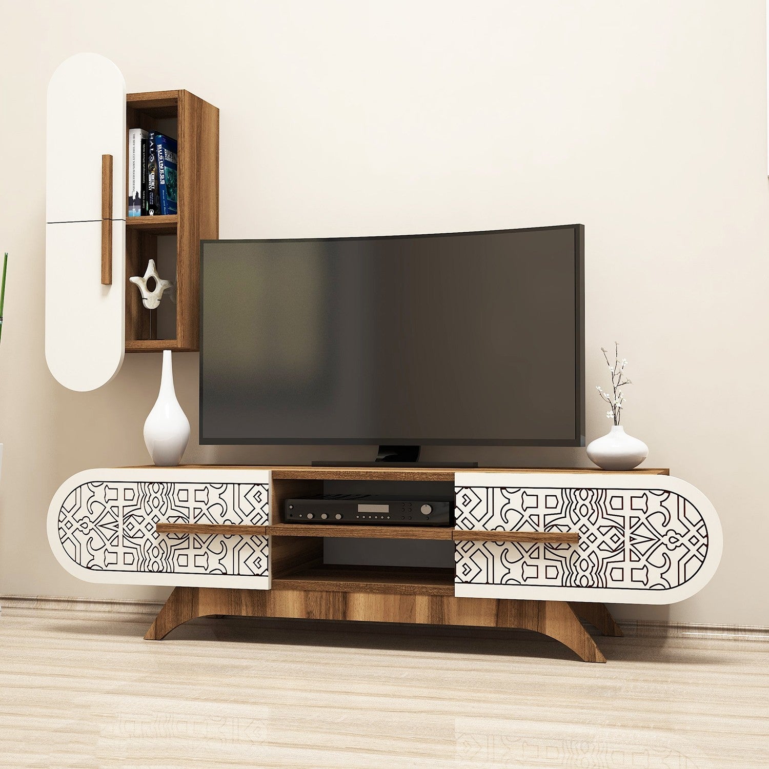 Ensemble meuble TV et étagère Valei Bois et Blanc Motif Arabesque Noir