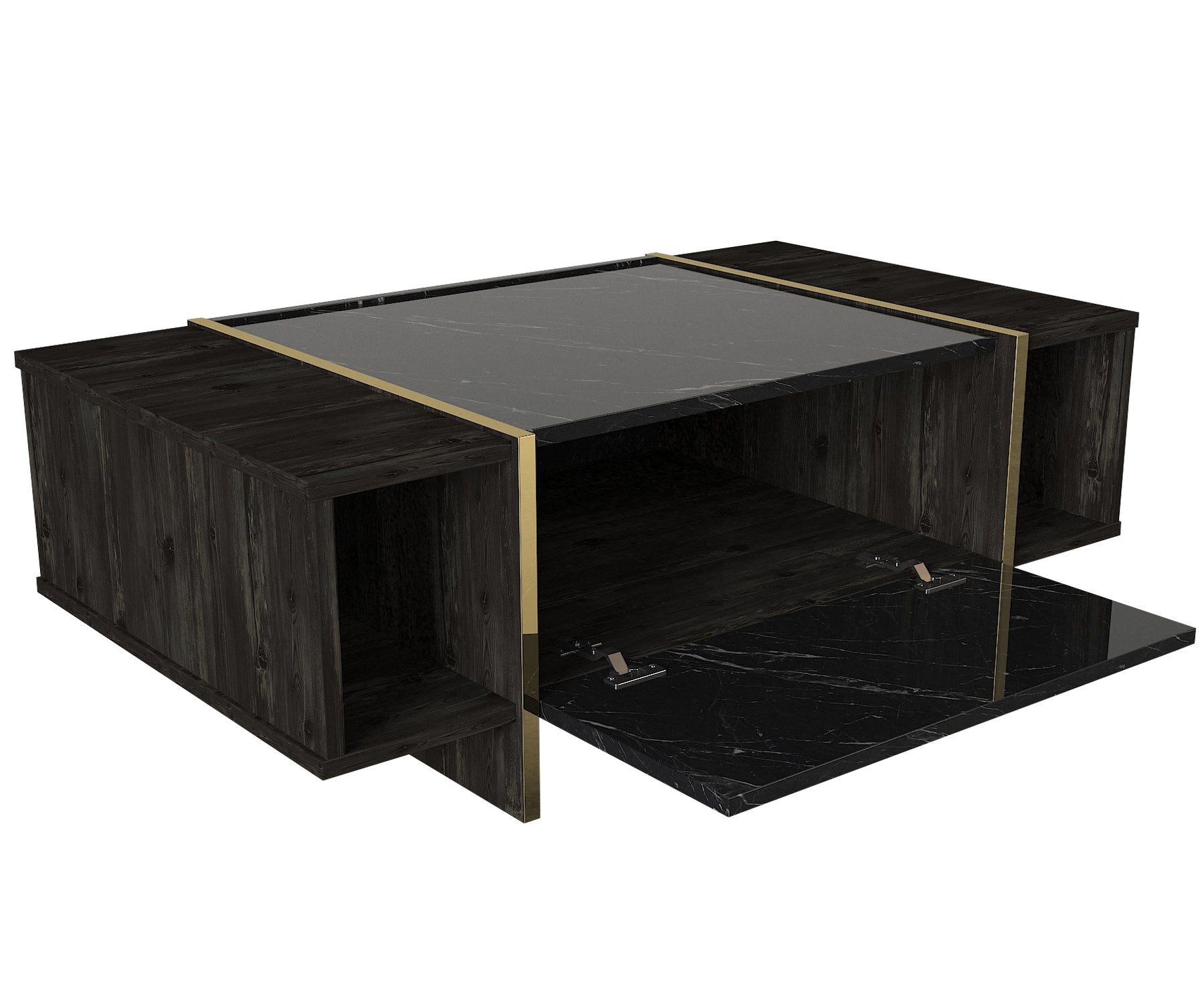 Ensemble meuble TV, étagère murale et table basse Frisko Bois foncé et Effet marbre Noir