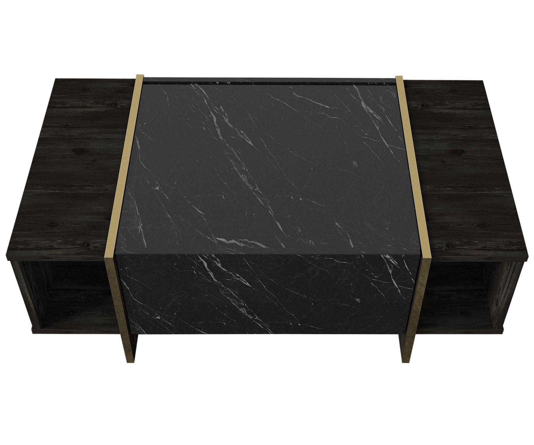 Ensemble meuble TV, étagère murale et table basse Frisko Bois foncé et Effet marbre Noir