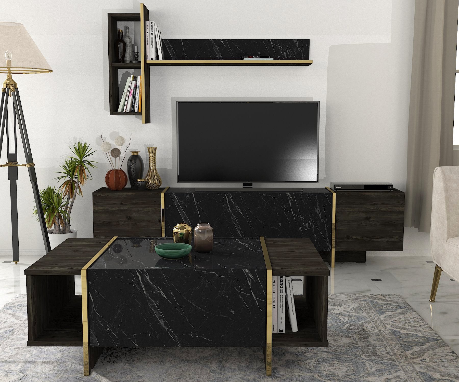 Ensemble meuble TV, étagère murale et table basse Frisko Bois foncé et Effet marbre Noir