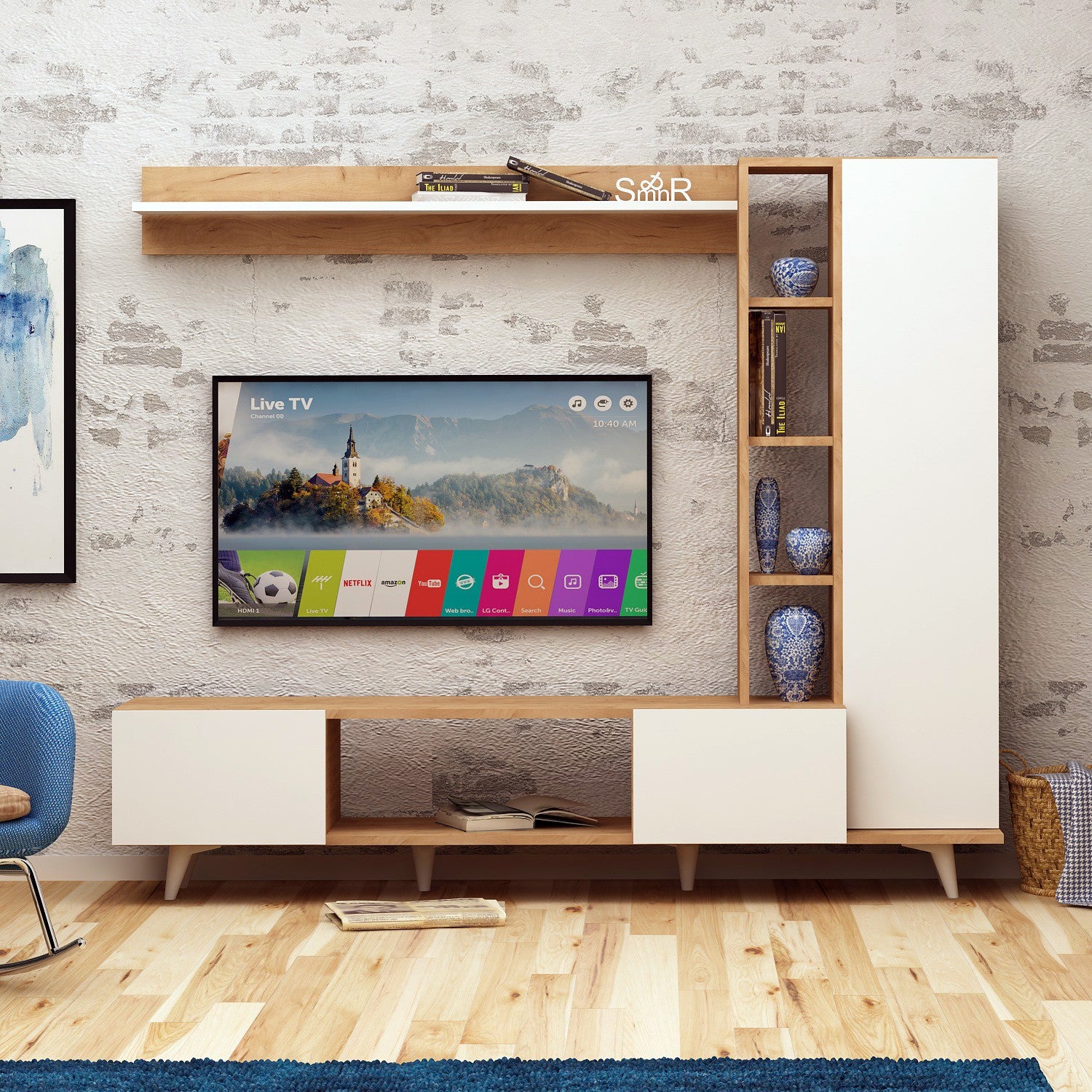 Ensemble meuble TV mural L170cm Polmao Chêne et Blanc