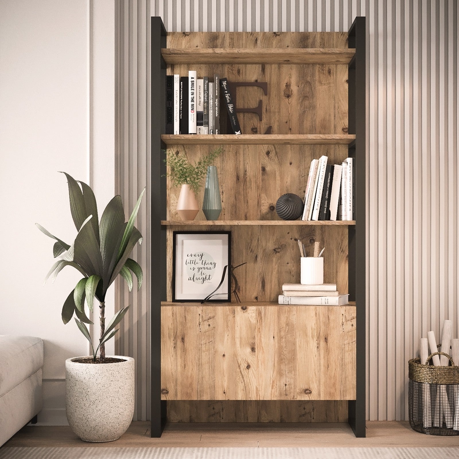 Etagère au sol Guinas H180cm Métal Noir et Bois Naturel