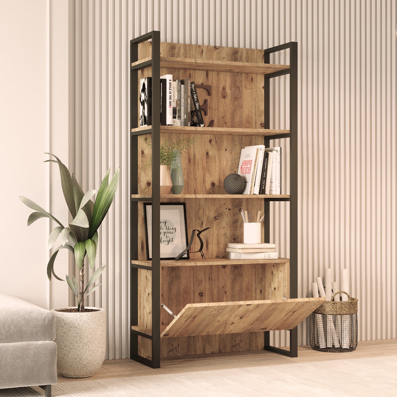 Etagère au sol Guinas H180cm Métal Noir et Bois Naturel