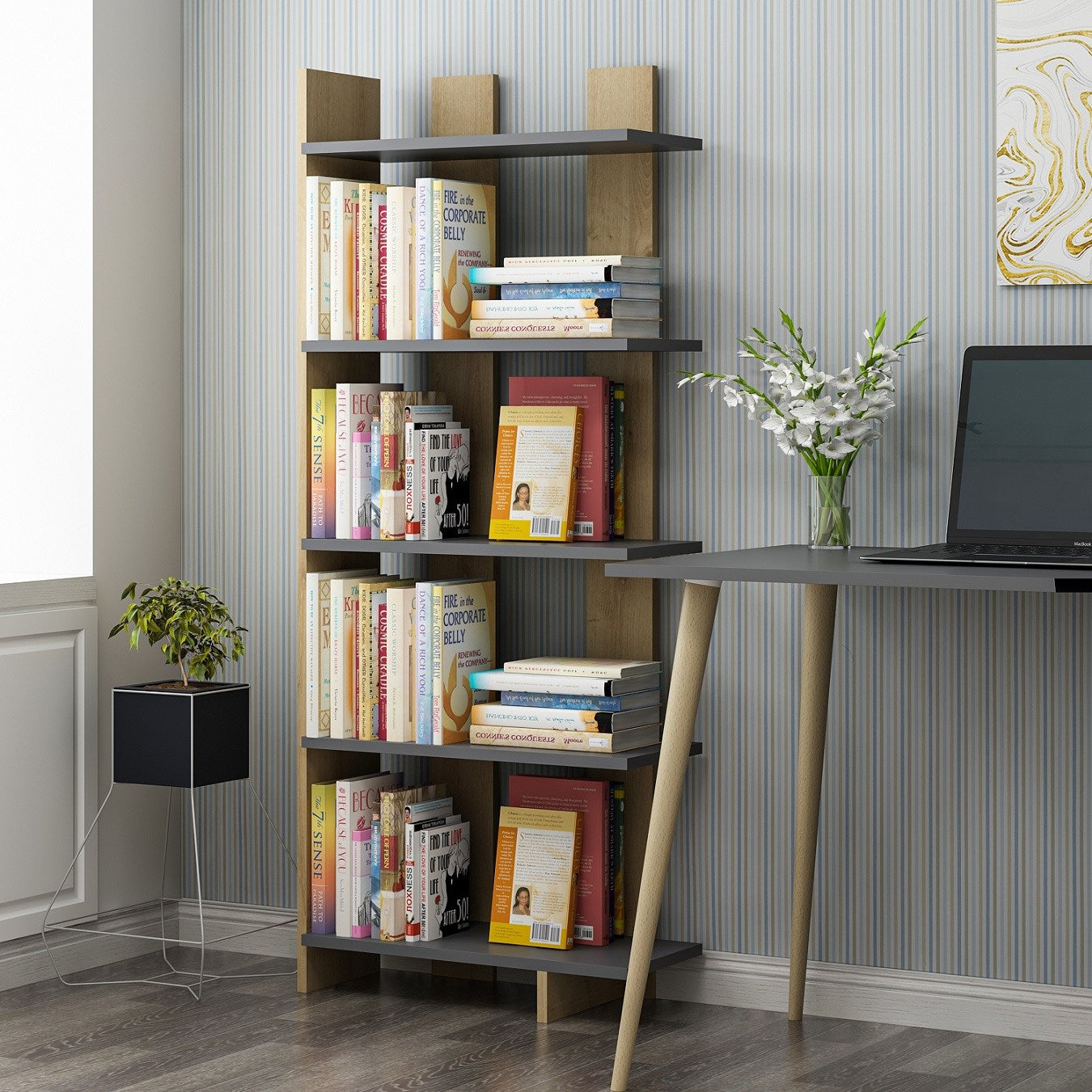 Étagère bibliothèque Galanda L65xH150cm Bois clair et Anthracite