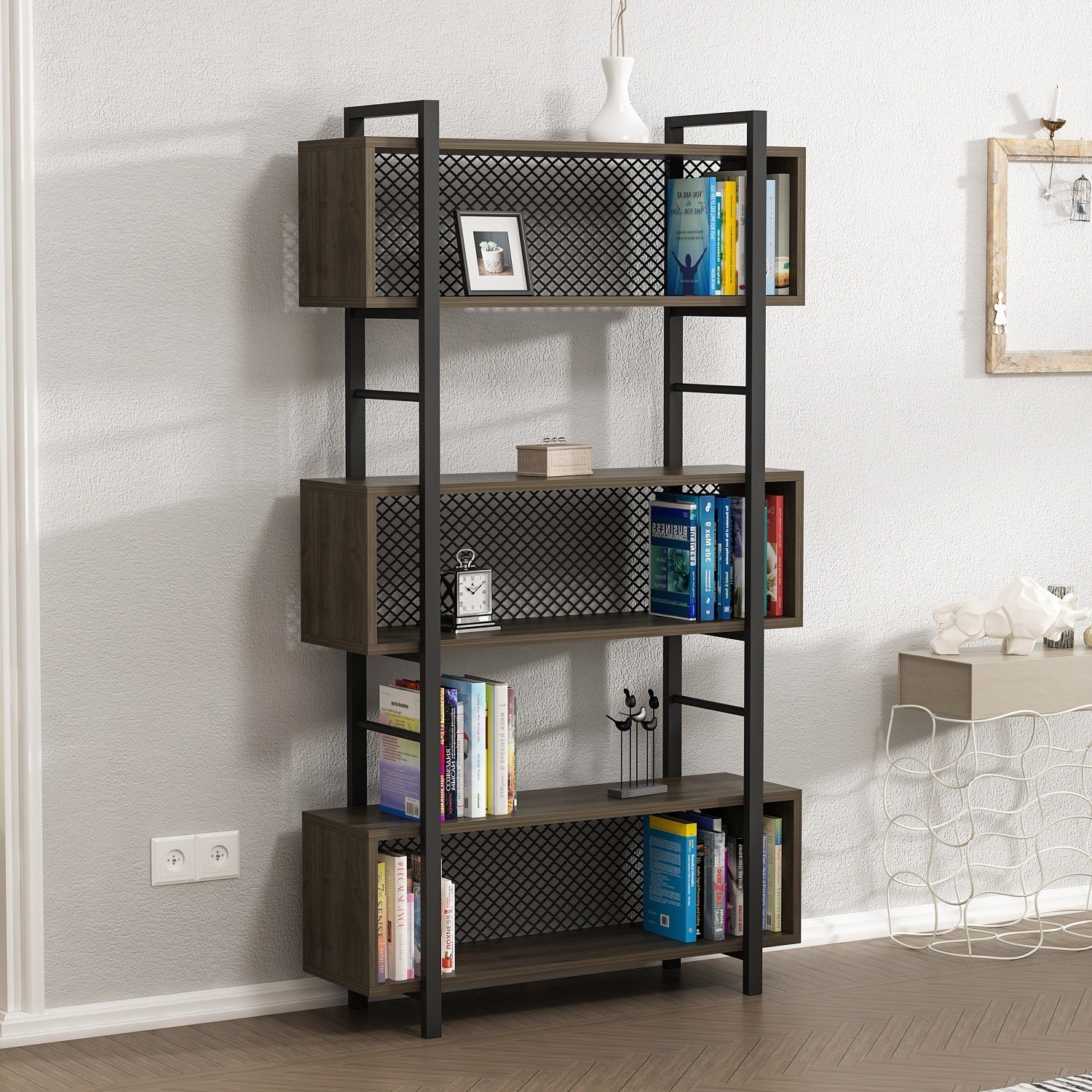 Étagère bibliothèque style industriel Mobilis L90xH160cm Bois foncé et Métal Noir