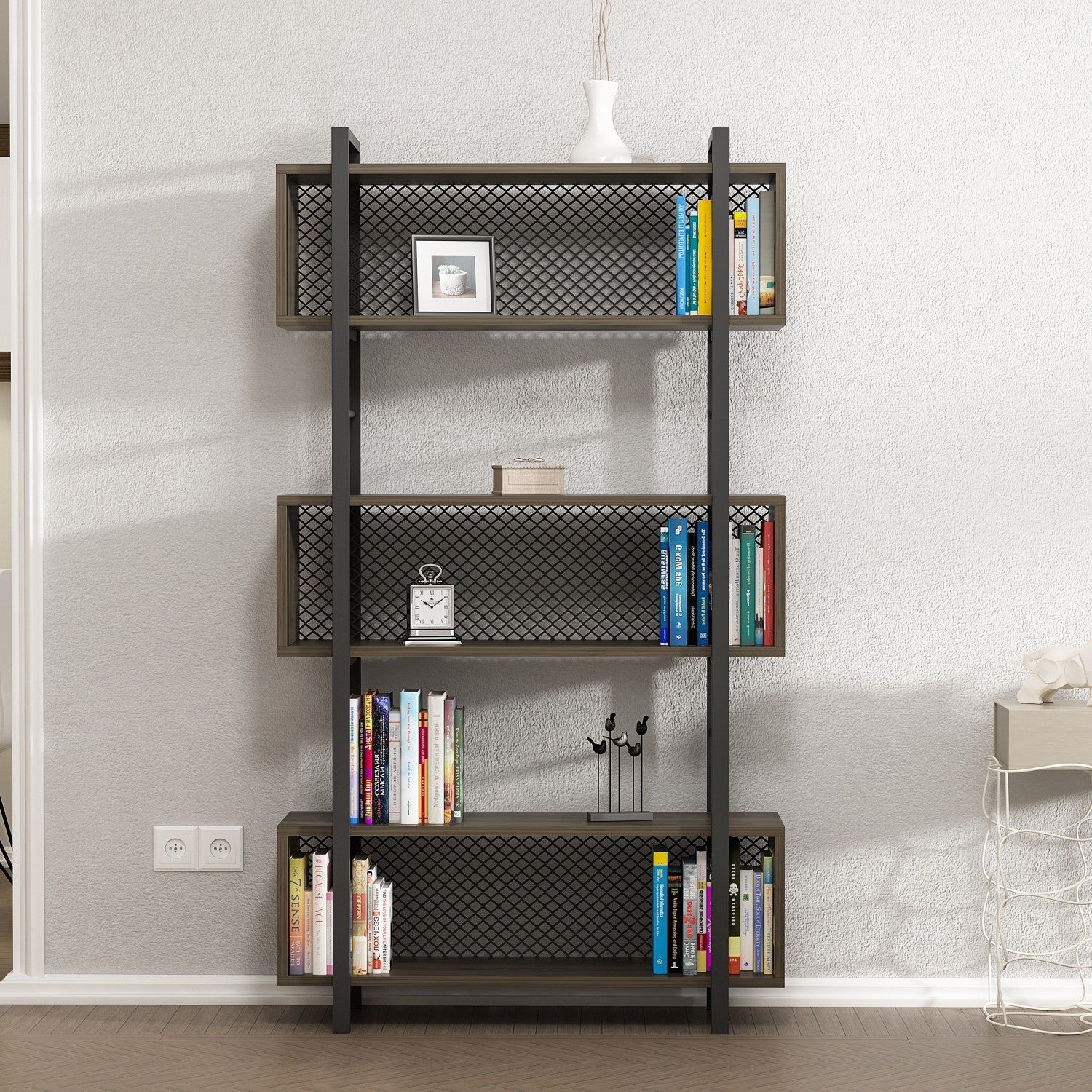 Étagère bibliothèque style industriel Mobilis L90xH160cm Bois foncé et Métal Noir