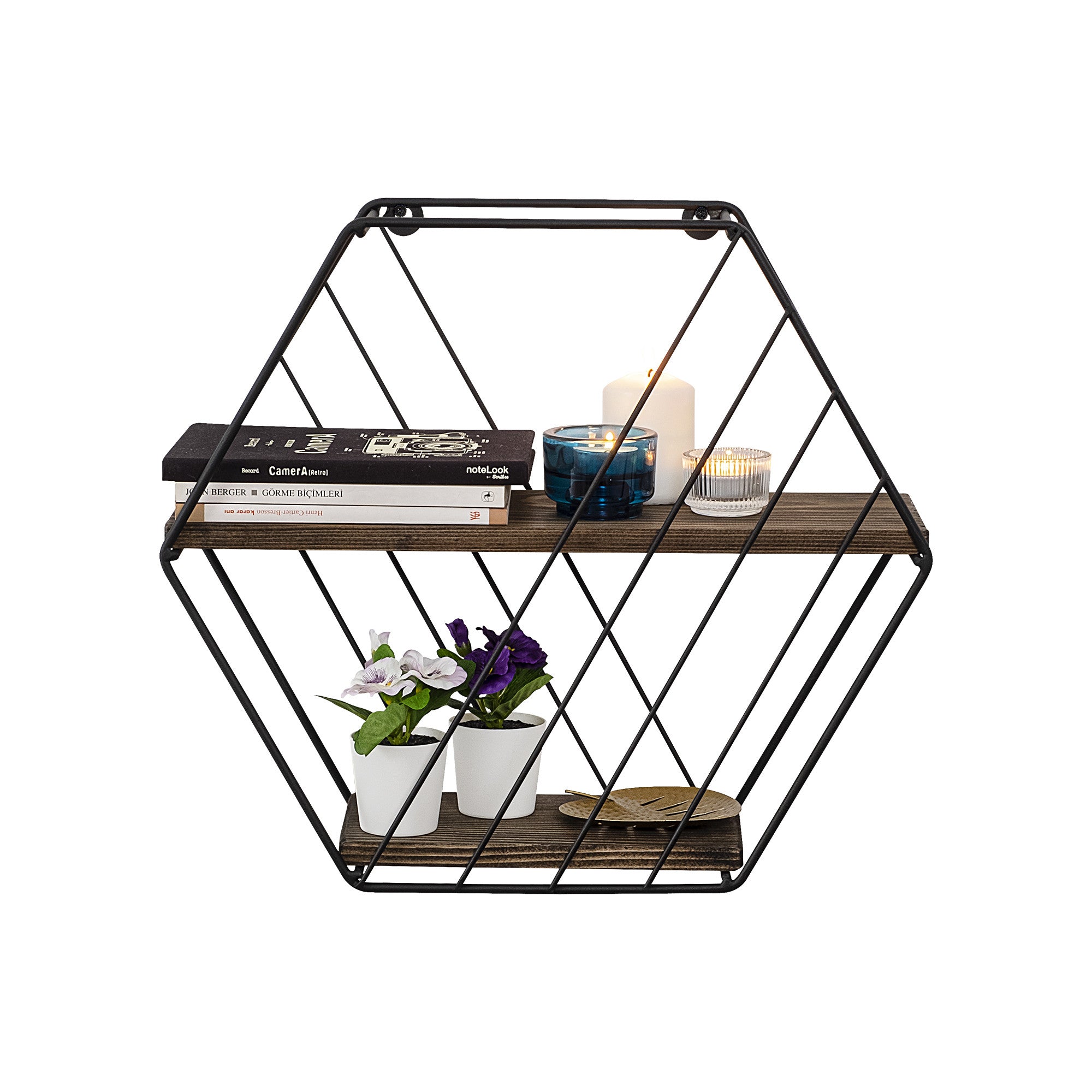 Étagère murale hexagone 2 tablettes Tayler H40cm Bois massif Naturel et Métal Noir