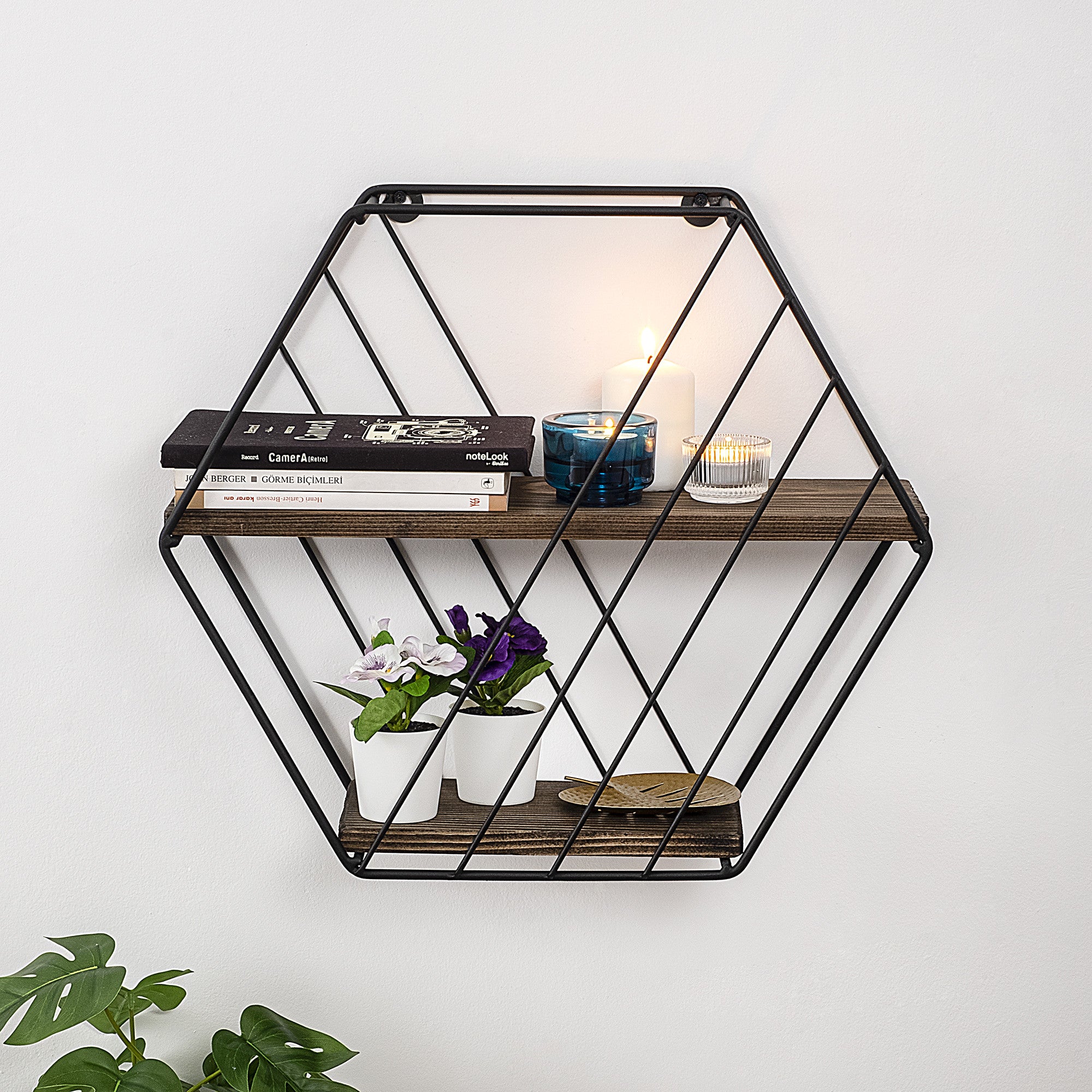 Étagère murale hexagone 2 tablettes Tayler H40cm Bois massif Naturel et Métal Noir