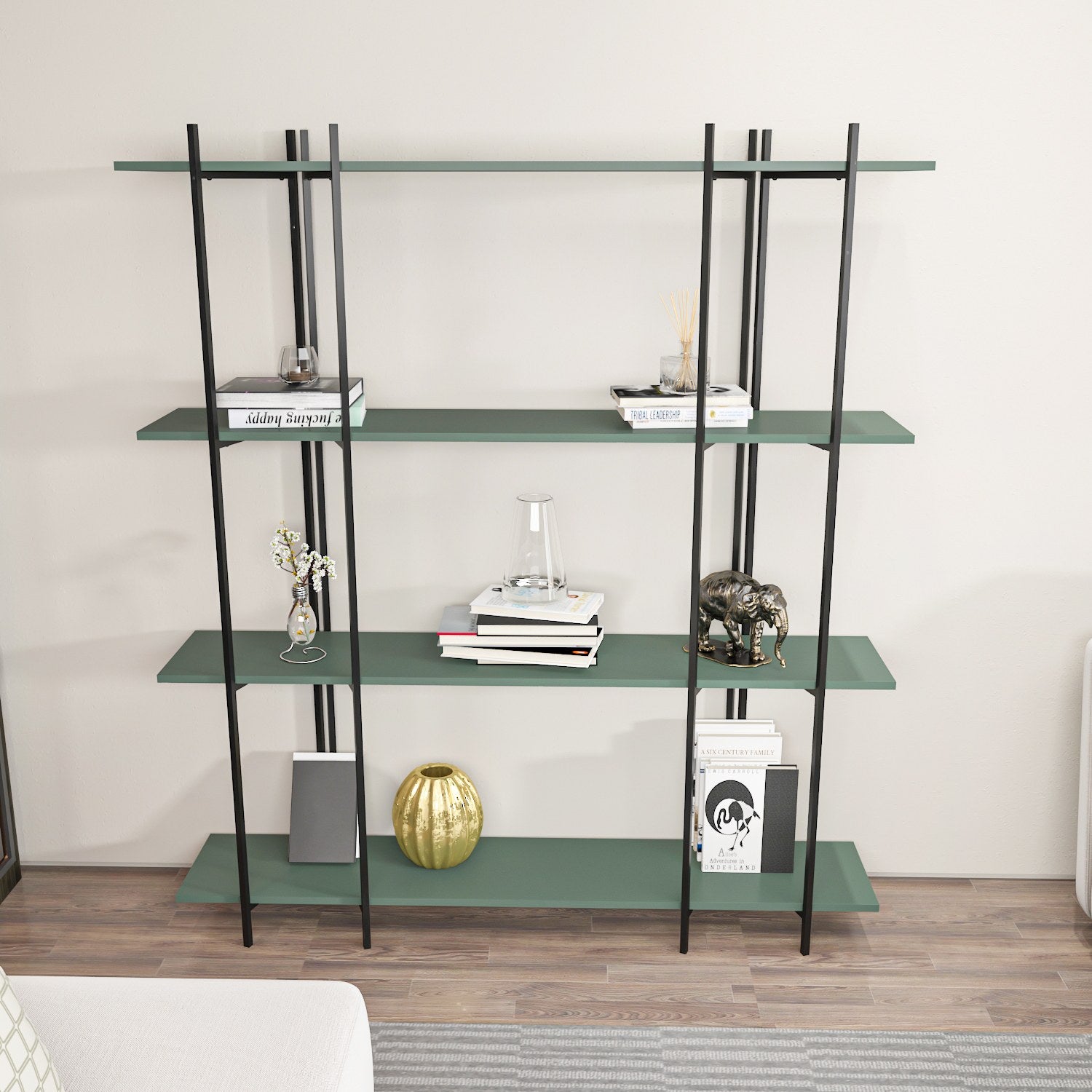 Étagères bibliothèque Teruel L160xH180cm Métal Noir et Bois Vert