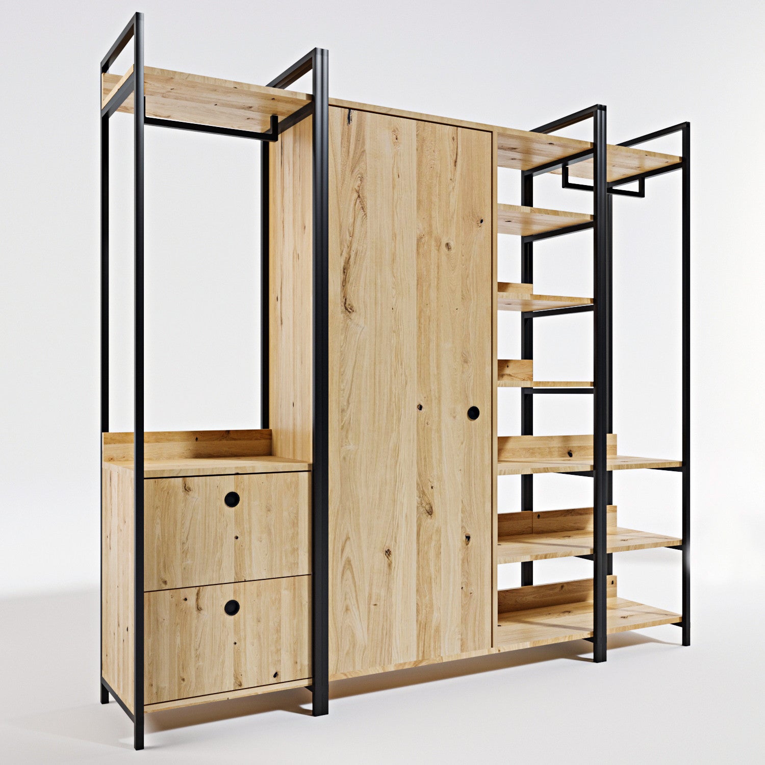 Garde-robe style industriel Mirri L200cm Métal Noir et Bois Chêne clair