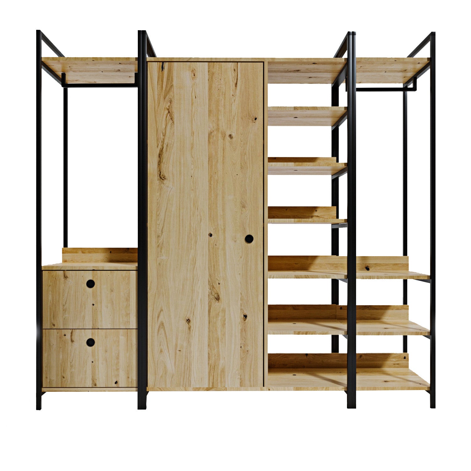 Garde-robe style industriel Mirri L200cm Métal Noir et Bois Chêne clair