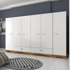 Grande armoire penderie 6 portes et 2 tiroirs Lanae L243cm Blanc et Bois foncé