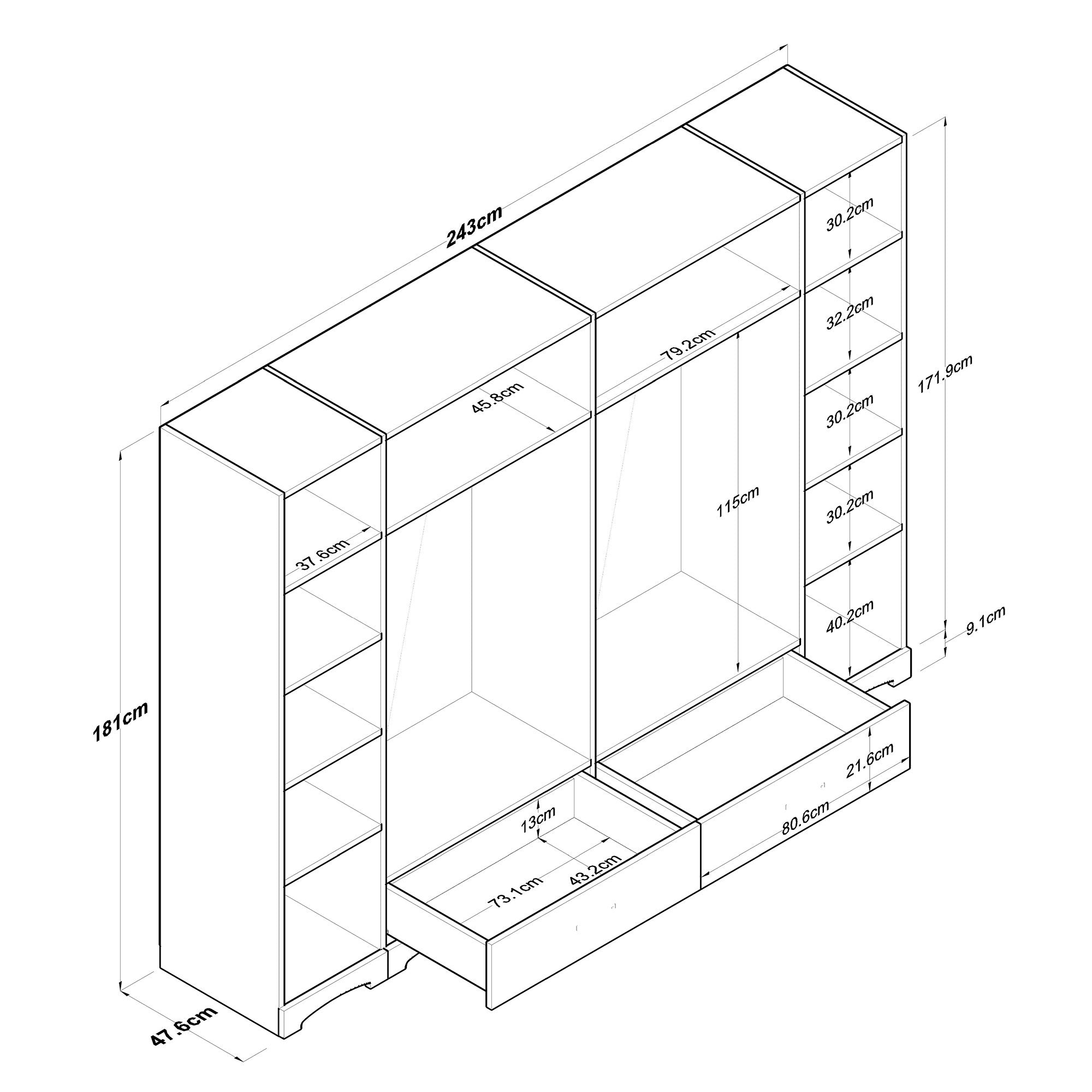 Grande armoire penderie 6 portes et 2 tiroirs Lanae L243cm Blanc et Bois foncé