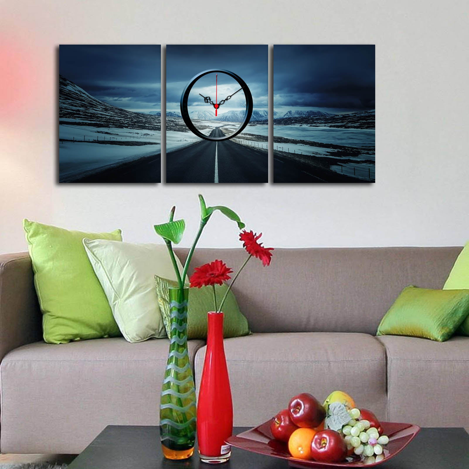 Horloge murale triptyque Eccentrici Motif Route de campagne en hiver