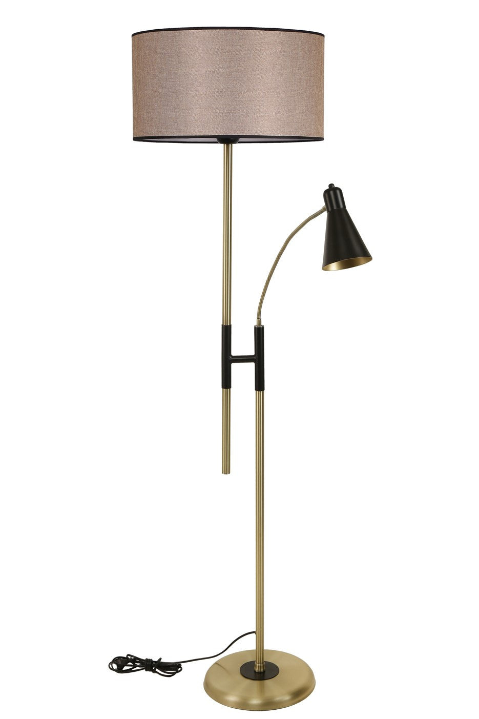 Lampadaire 2 ampoules Mulsum H165cm Tissu Beige et Métal Or